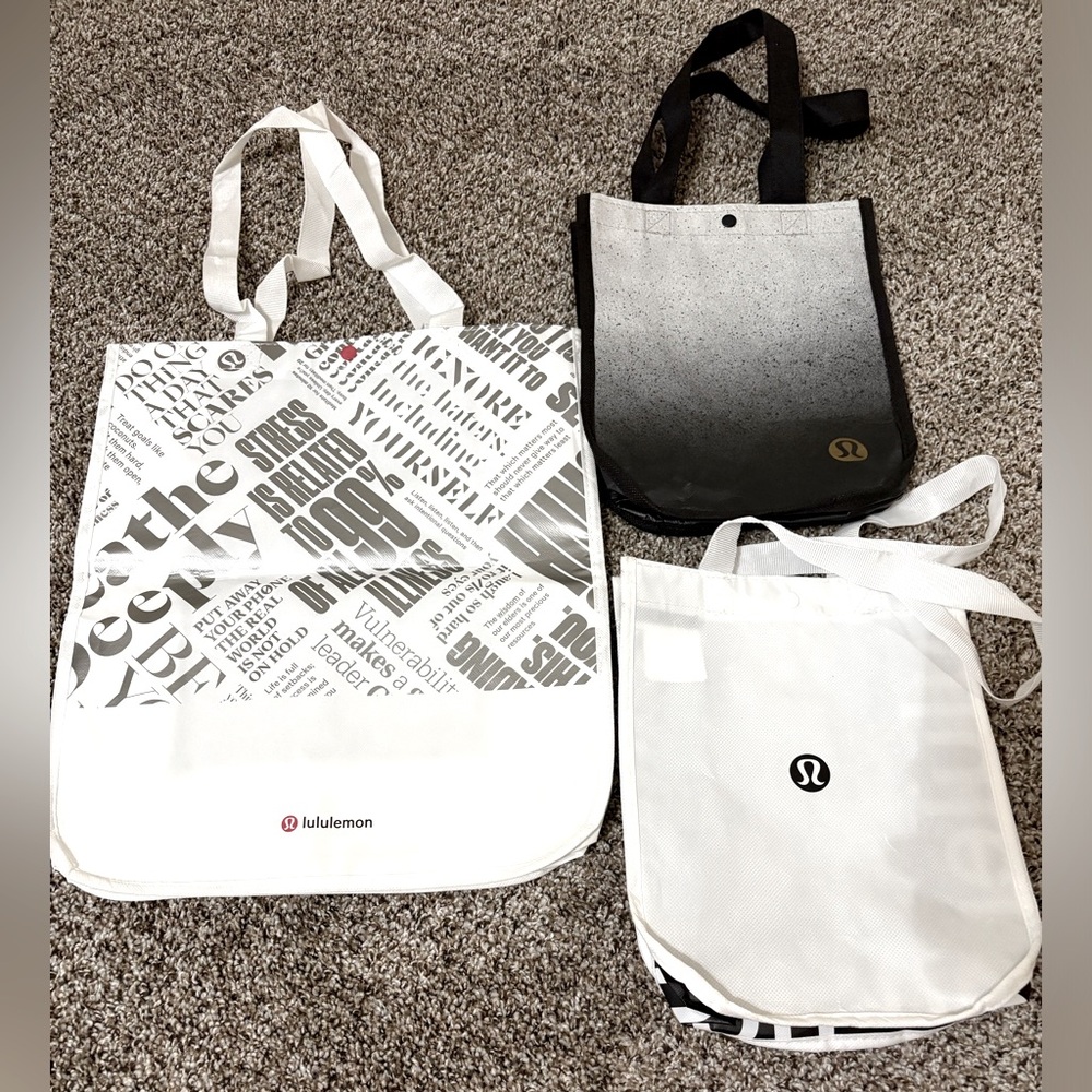 Bundle of 3 Lululemon reusable store Tote Bag Set - Black silver White